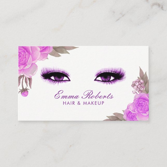 Cartão De Visita Makeup Artist Hair Stylist Elegante Purple Floral (Frente)