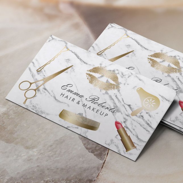 Cartão De Visita Makeup Artist Hair Stylist Moderno Marble Branco (Criador carregado)