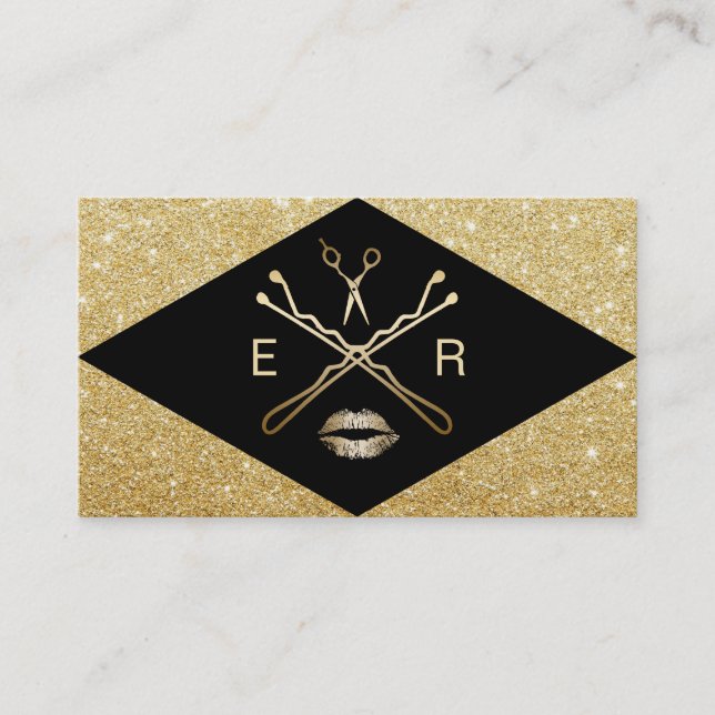 Cartão De Visita Makeup Artist Hair Stylist Moderno Preto e Dourado (Frente)