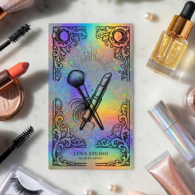 Cartão De Visita Makeup Artist | Holographic Beauty Celestial (Criador carregado)