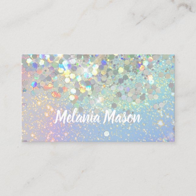 Cartão De Visita Makeup Artist Holographic Glitter Código QR Azul (Frente)