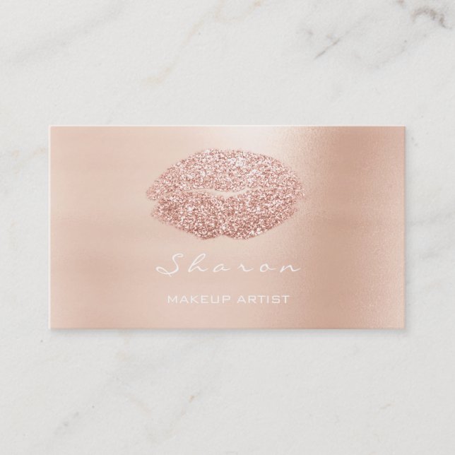 Cartão De Visita Makeup Artist Kiss Rosa Glitter Dourado Rosa (Frente)