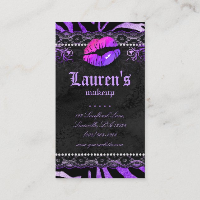 Cartão De Visita Makeup Artist Lábios N Lace Purple Zebra (Frente)