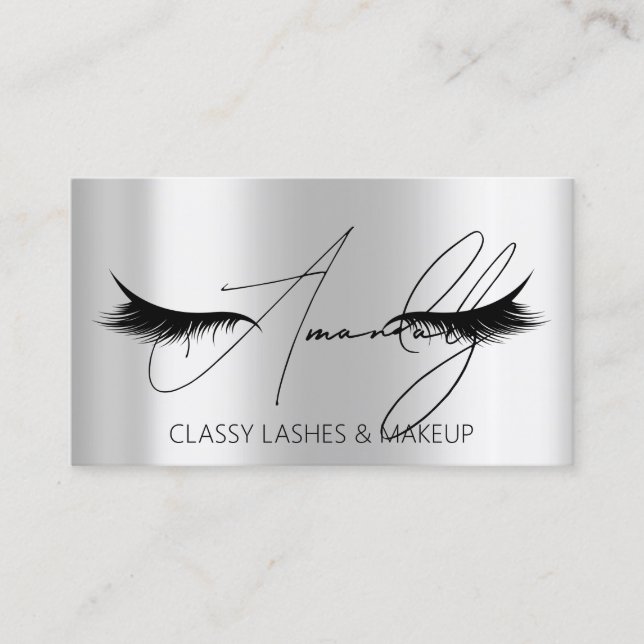 Cartão De Visita Makeup Artist Lash QR LOGO Microlâmina Cinza Silve (Frente)