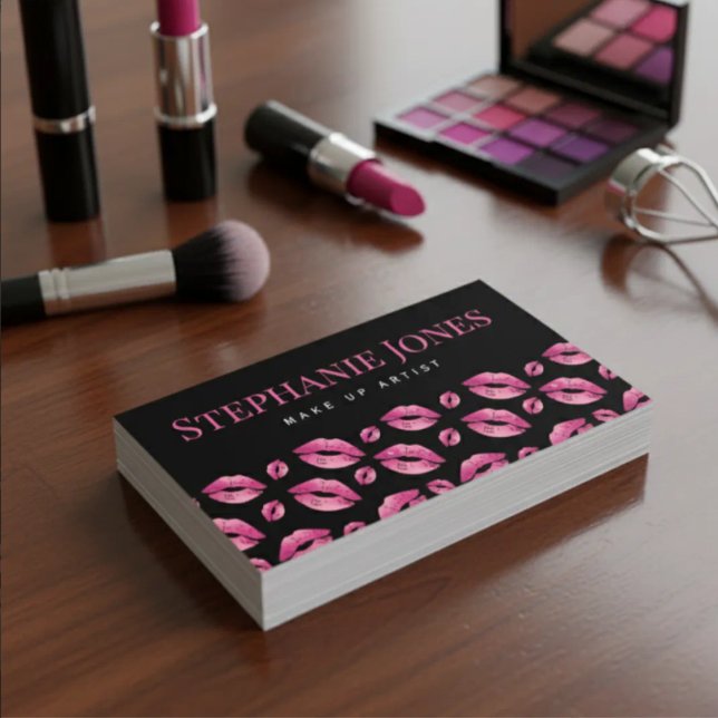 Cartão De Visita Makeup Artist Lips Pattern Cute Pink & Black (Criador carregado)