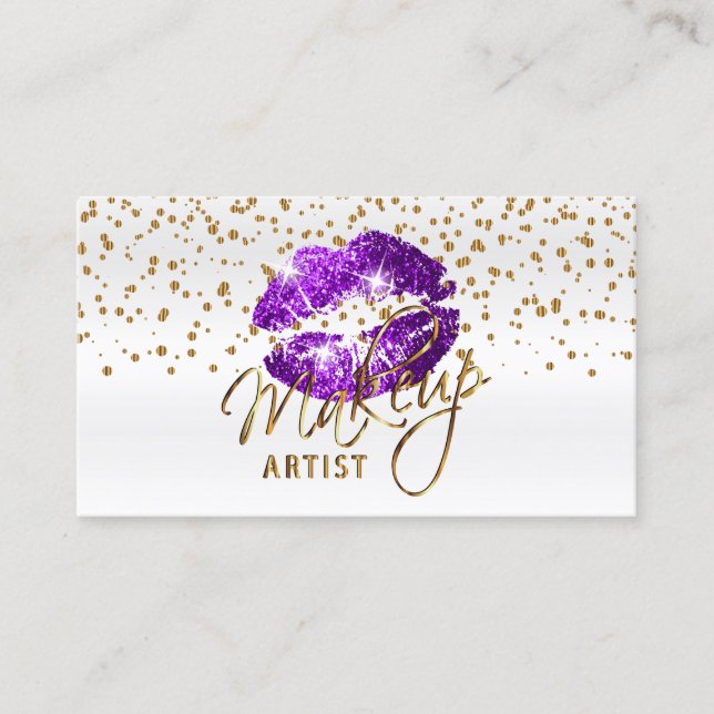 Cartão De Visita Makeup Artist Ouro Confetti e Lábios Roxos (Frente)