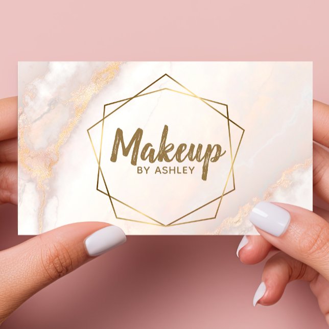 Cartão De Visita Makeup Artist Pink Marble Geométrico Dourado Elega (Criador carregado)