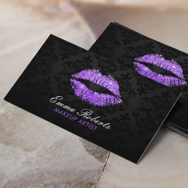 Cartão De Visita Makeup Artist Purple Glitter Lábios Elegante Damas (Criador carregado)