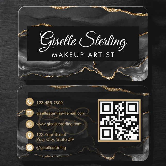 Cartão De Visita Makeup Artist QR Code Black Gold (Criador carregado)