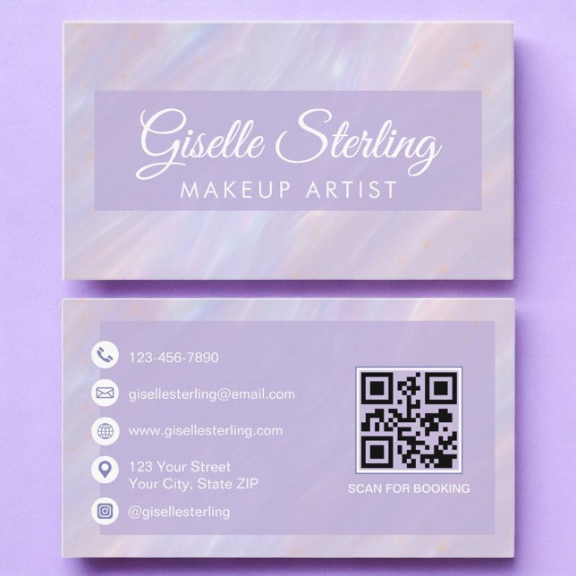 Cartão De Visita Makeup Artist QR Code Iridescente Pastel Opal (Criador carregado)