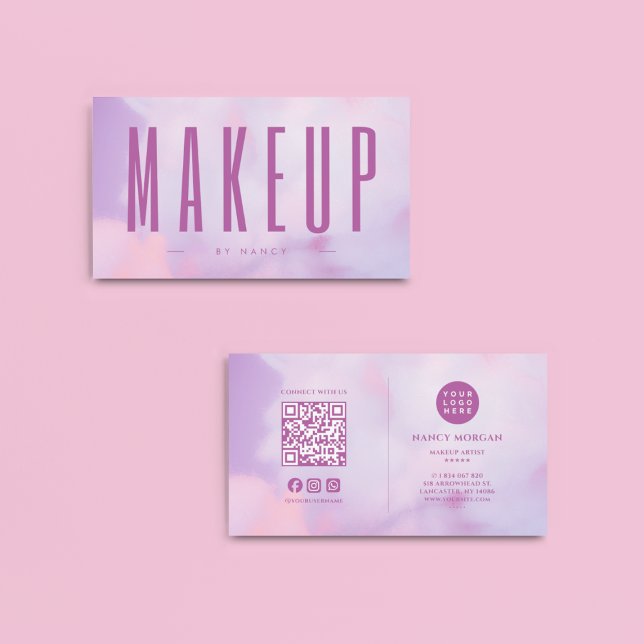 Cartão De Visita Makeup Artist QR Code & Logo Holographic (Criador carregado)