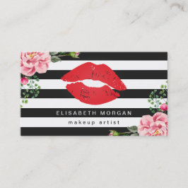 Cartão De Visita Makeup Artist Red Lábios Florais Black White Strip