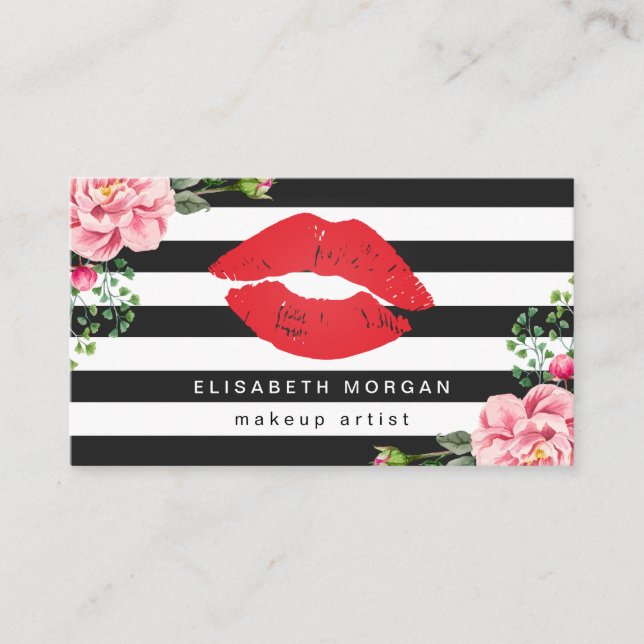Cartão De Visita Makeup Artist Red Lábios Florais Black White Strip (Frente)