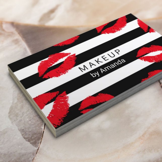 Cartão De Visita Makeup Artist Red Lábios Kisses Modern Strips (Criador carregado)