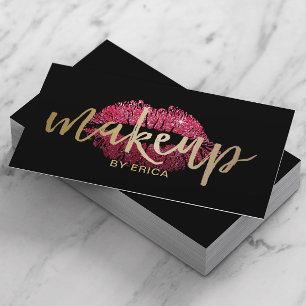 Cartão De Visita Makeup Artist Red Lips Modern Gold Script