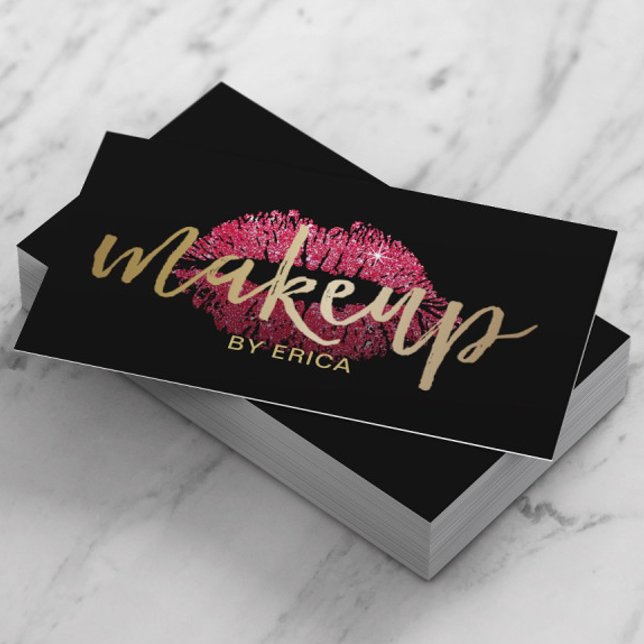 Cartão De Visita Makeup Artist Red Lips Modern Gold Script (Criador carregado)