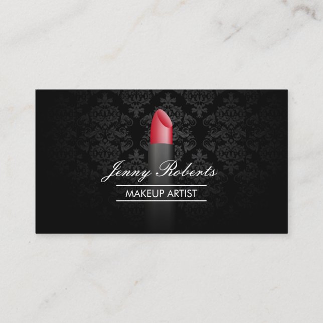 Cartão De Visita Makeup Artist Red Lipstick Elegante Damask (Frente)