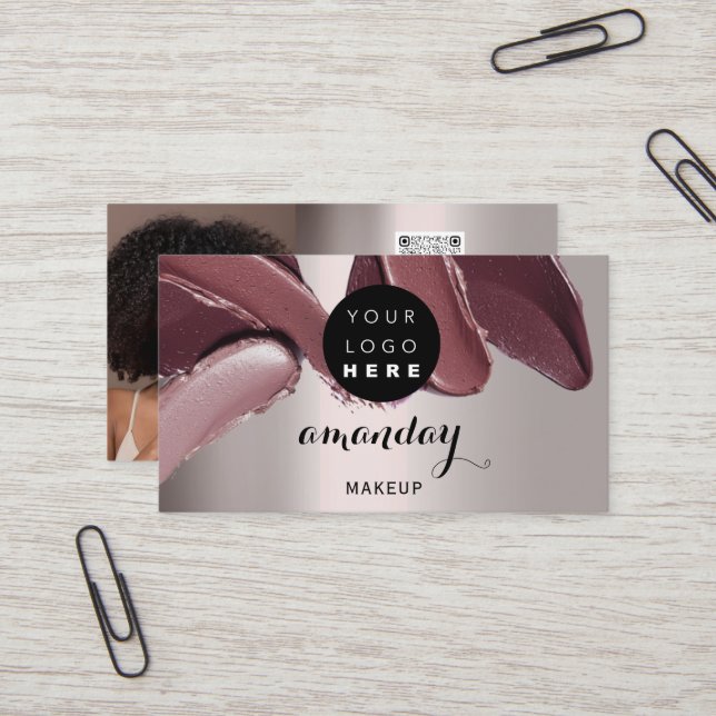 Cartão De Visita Makeup Artist Red Lipstick Foto Código QR Blush (Frente/Verso In Situ)