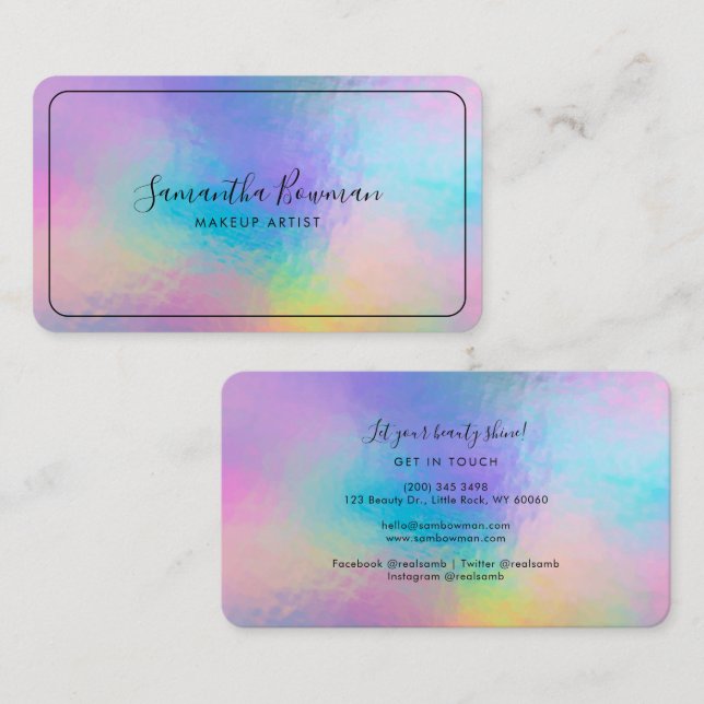 Cartão De Visita Makeup Artist Script Modern Faux Holographic (Frente/Verso)