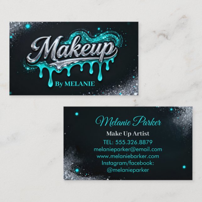 Cartão De Visita Makeup Artist Teal Silver Drips Trendy Glitter (Frente/Verso)