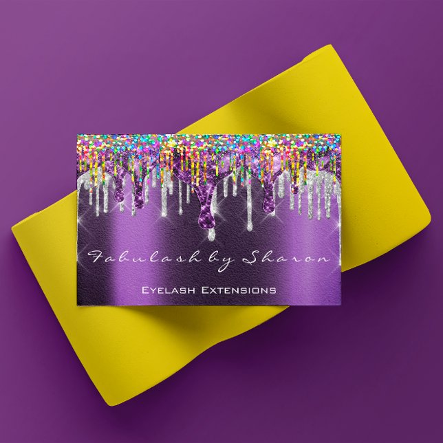 Cartão De Visita Makeup Artist Unhas Silver Drives Hológrafo Roxo (Makeup Artist Nails Silver Drips Purple Holograph Business Card)