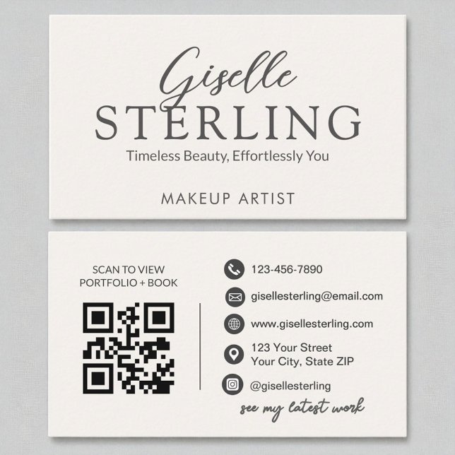 Cartão De Visita Makeup Artist White Script Modern QR Code (Criador carregado)