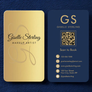 Cartão De Visita Makeup Artista Dourado Marinho Azul Código QR Mono