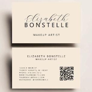 Cartão De Visita Makeup Artista Elegante Código QR Beige Neutro