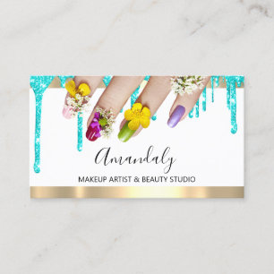 Cartão De Visita Makeup Blue Glitter Drives Unhas Floral Studio
