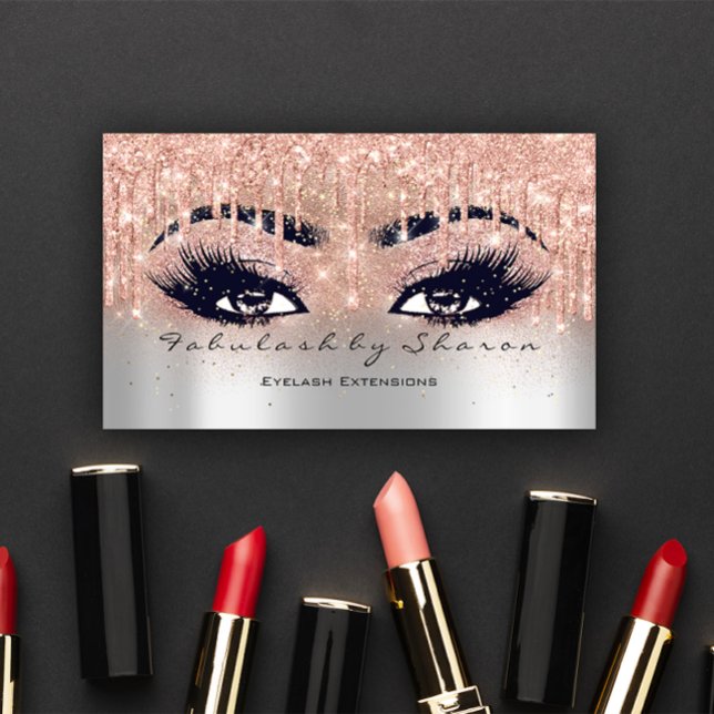 Cartão De Visita Makeup Eyebrow Lashes Glitter Drives Cinza Estetic (Makeup Eyebrow Lashes Glitter Drips Gray Estetican Business Card)