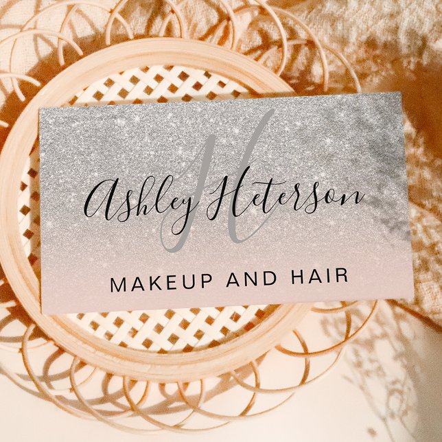 Cartão De Visita Makeup monogramas blush prateado gliter (Criador carregado)