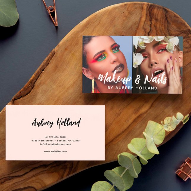 Cartão De Visita Makeup & Unhas White Script 2 Fotografias (Criador carregado)