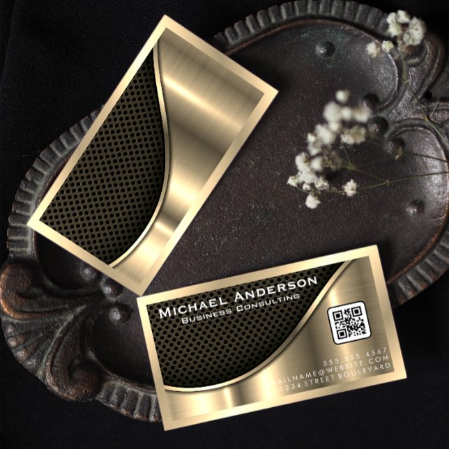 Cartão De Visita Malha preta e Dourada metálica | Código QR (Criador carregado)