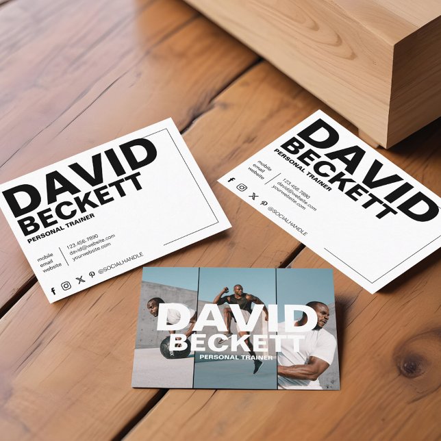 Cartão De Visita Malhação 3 do Treinador Pessoal Moderno e Trendy (Modern & Trendy Personal Trainer Fitness 3 Photo Business Card)