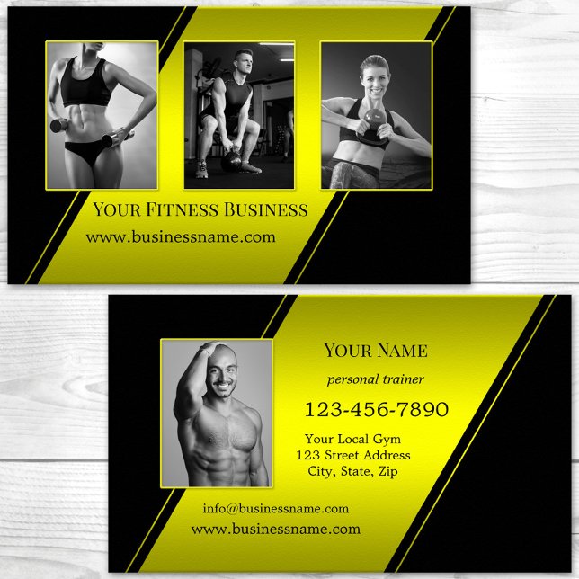 Cartão De Visita Malhação do Aprendiz Pessoal Neon Amarelo Preto (Custom photos neon yellow and black professional fitness personal trainer business card)