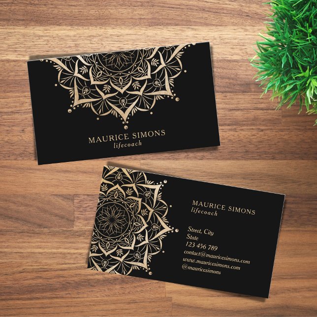 Cartão De Visita Mandala de instrutor de ioga de ouro elegante (Criador carregado)