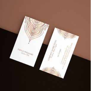 Cartão De Visita Mandalá de Renda Dourado-Rosa em Branco