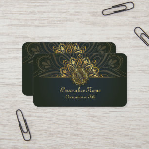 Cartão De Visita Mandalá Dourado Vintage em Preto   Estilo Boho Ele