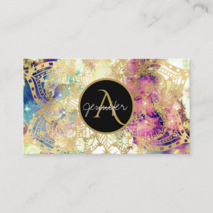 Cartão De Visita Mandalá moderno monograma dourado nebulosa aquarel