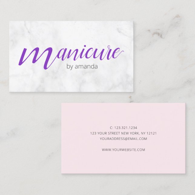 Cartão De Visita Manicura roxa bonito de mármore branca moderna (Frente/Verso)