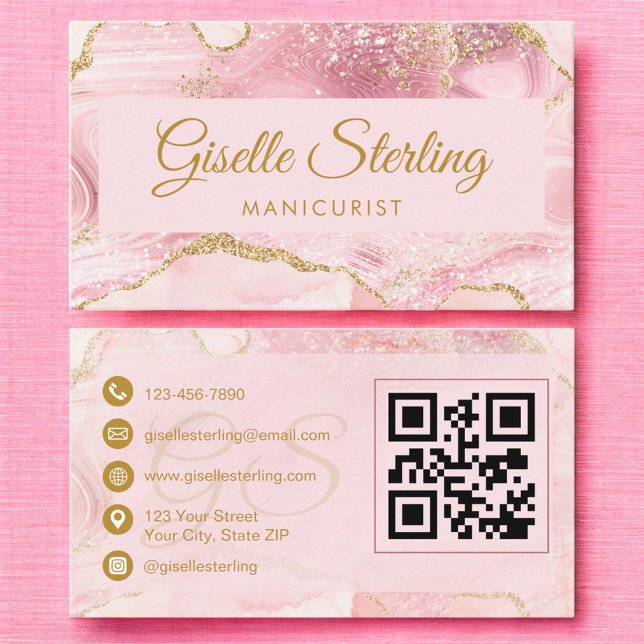 Cartão De Visita Manicurist Blush Pink Gold Agate QR Code (Criador carregado)