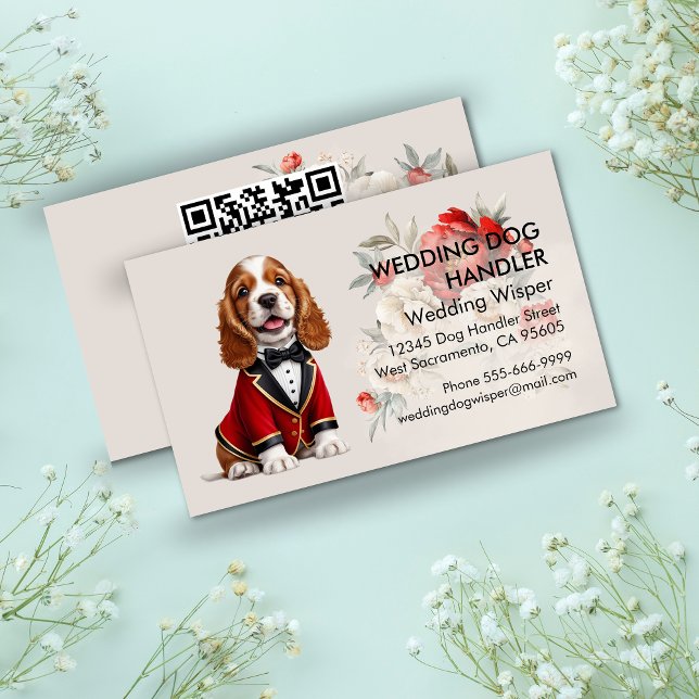 Cartão De Visita Manipulador Elegante De Cachorro De Casamento Com  (Elegant Wedding Dog Handler With QR code Business Card)