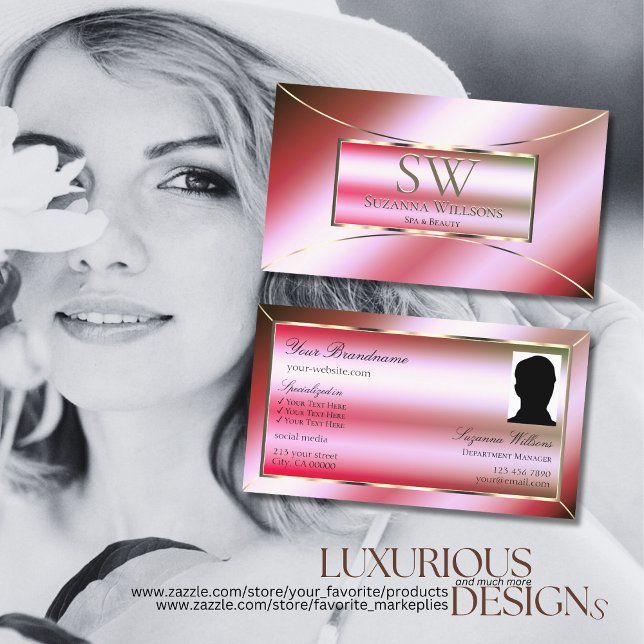 Cartão De Visita Mânre Verde Rosa Shimmery com Monograma e Foto (Criador carregado)