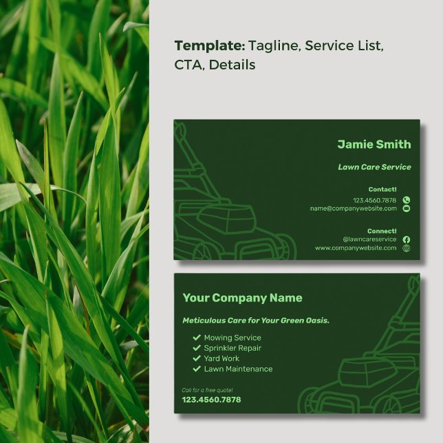 Cartão De Visita Manutenção da Letra Verde Escura Personalizada do  (Mower Outline Custom Dark Green Lawn Maintenance Business Card, Service List,  CTA, Call)