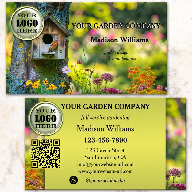 Cartão De Visita Manutenção do Design do cheio do Serviço de Serviç (Business card featuring a blossoming garden with a cute bird - gardener - garden design maintenance)