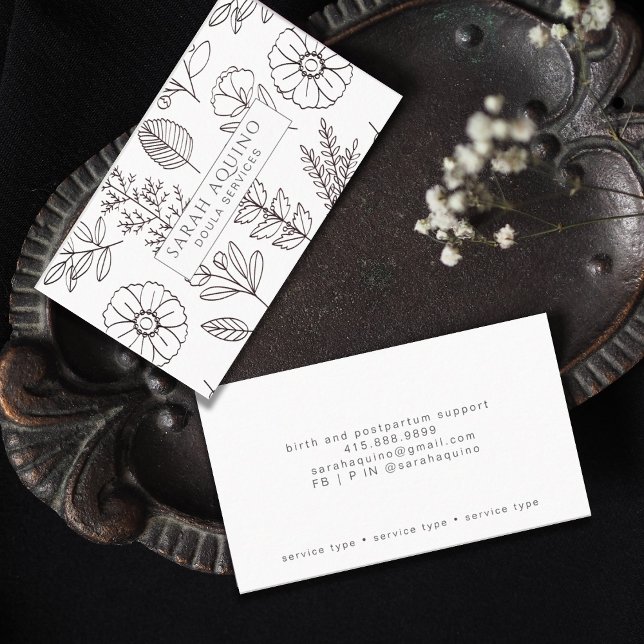 Cartão De Visita Mão Desenhada Dodle Floral Doula White Birth Coach (Criador carregado)