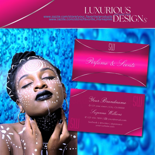 Cartão De Visita Mão rosa moderno com borda prateada e monograma (Criador carregado)