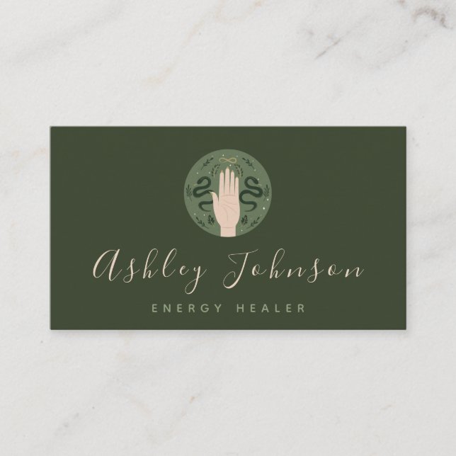 Cartão De Visita Mão Verde Escura Psíquica e Cobras Mística Mística (Frente)