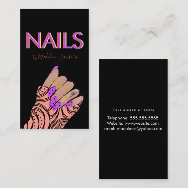 Cartão De Visita Mãos de Letra Tripla Neon Nail Tech  (Frente/Verso)