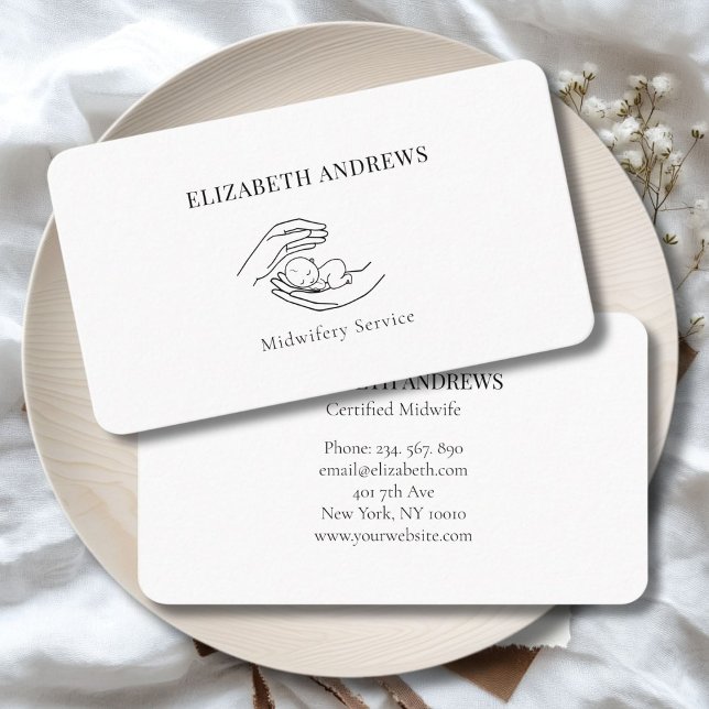 Cartão De Visita Mãos segurando um bebê simples-moderno (Hands holding A Baby - Line Art Illustration  White Business Card)
